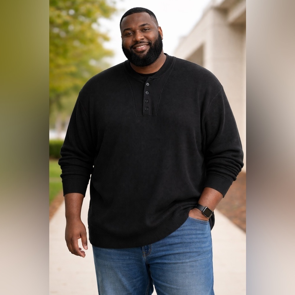 Vince Black Cotton Waffle Knit Long Sleeve Henley Men XXL